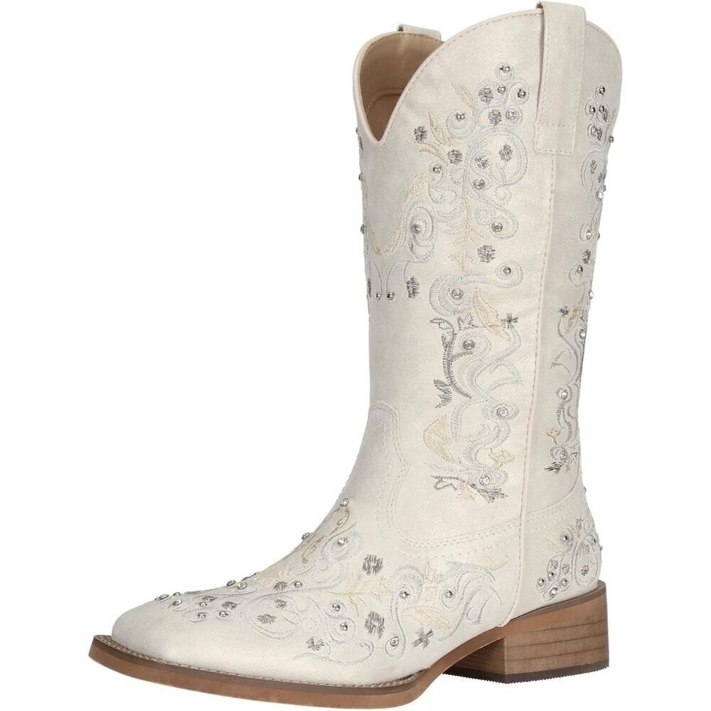 🆕SheSole Womens White Fashion Rhinestone Mid Calf Faux Square Toe Cowgirl Boots